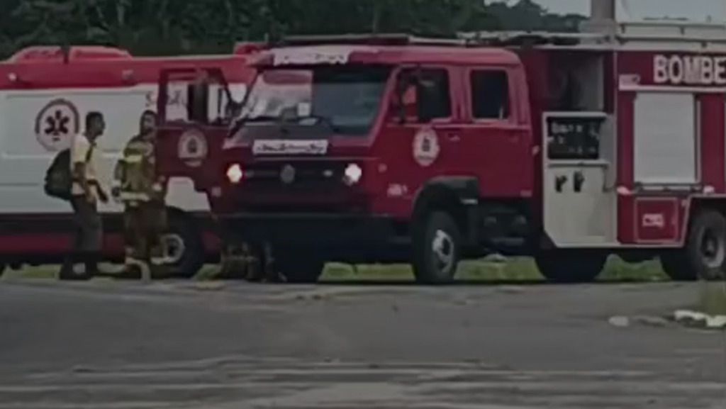 Caminhão cai em área baixa no Trevo de Vale Verde após perder controle